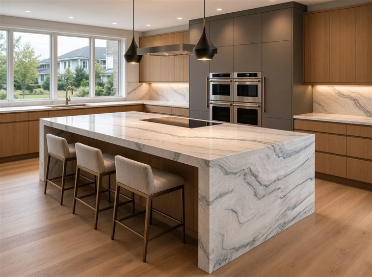 Luce Di Luna quartzite kitchen countertops and waterfall island with mitered edges in a luxury custom kitchen