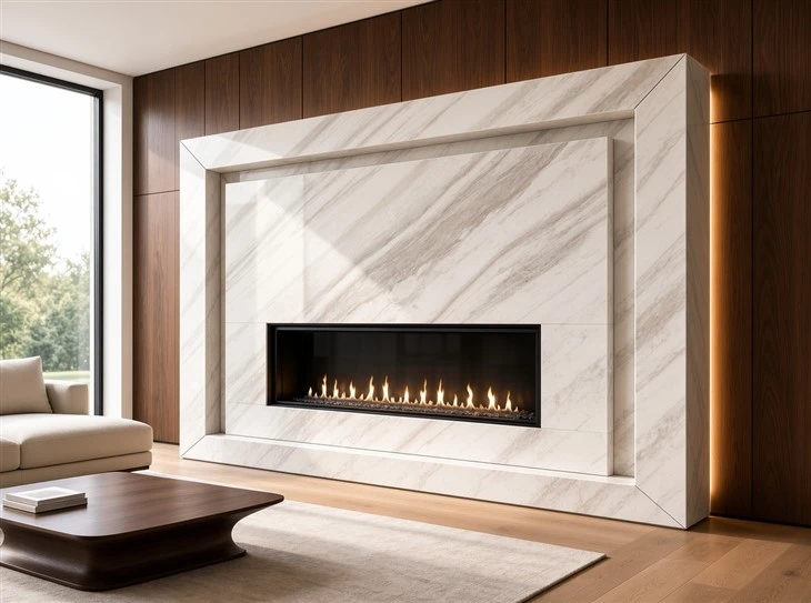 Ajax Marble linear fireplace surround with layered mitered stone panels and a warm wood feature wall in a luxury living room